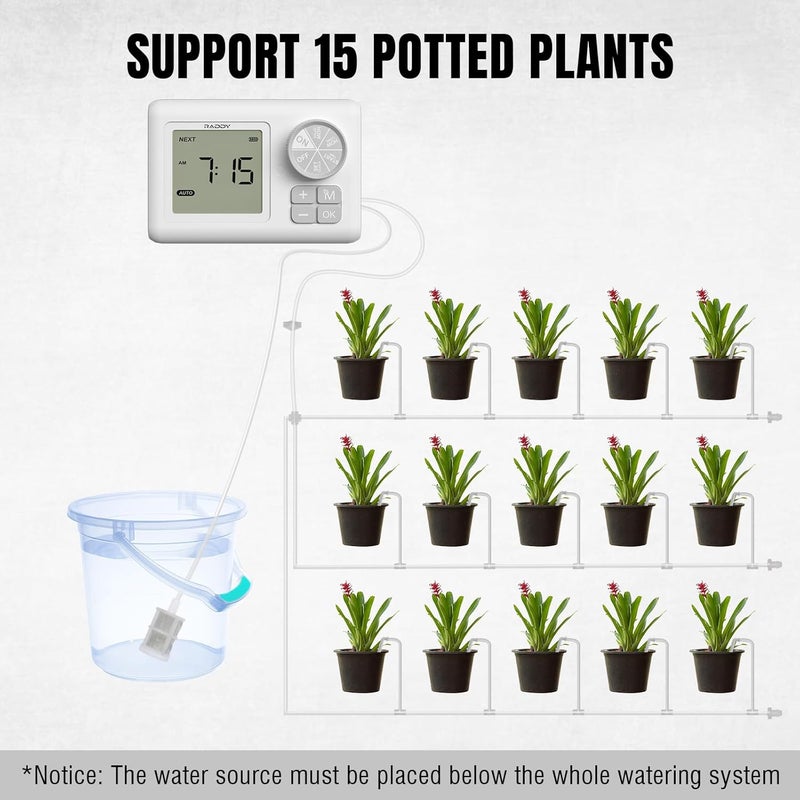 Raddy WS-6 Automatic Plant Waterer, Indoor Plant Watering System for 15 Potted Plants, Programmable Water Timer with LCD Display, USB Power, Water Shortage Alarm for Balcony Greenhouse - Image 4